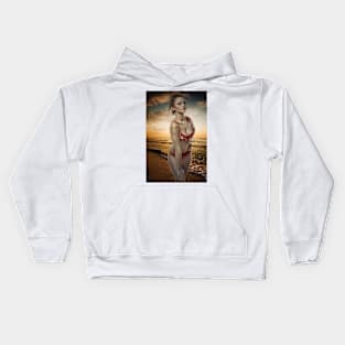 Gorgeous woman on the beach Kids Hoodie